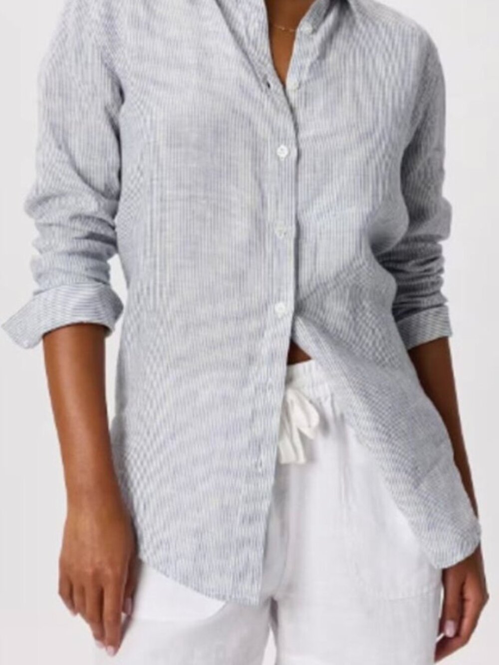 Quince | 100% European Linen Long Sleeve Shirt Blue Pinstripe | Size = XS
